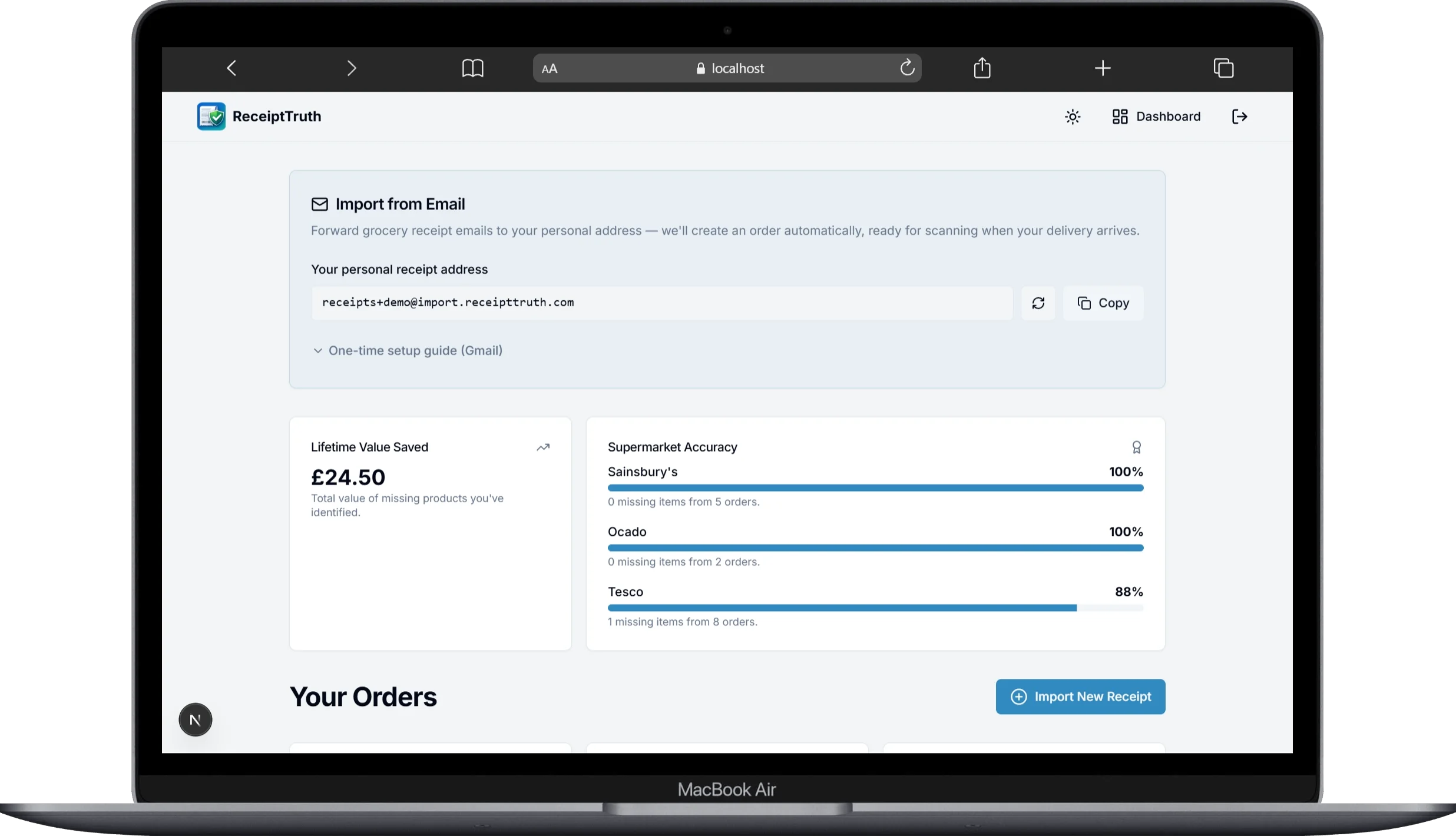 ReceiptTruth dashboard showing orders, savings stats, and email import